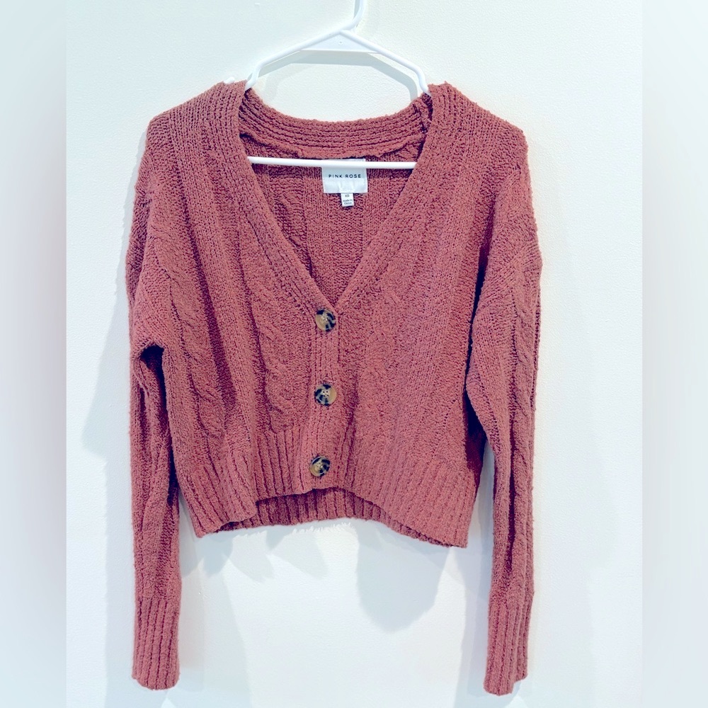 Pink Rose Brown Cardigan Sweater with Ribbed Knit